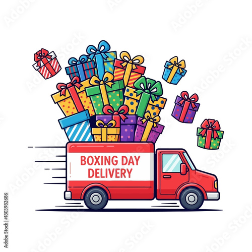 A festive red delivery truck overloaded with colorful gift boxes speeding to make Boxing Day sale deliveries. Cartoon vector illustration