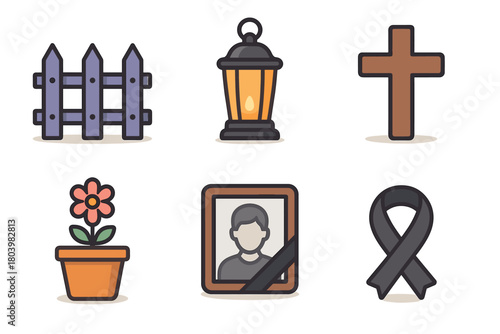 Memorial symbols for remembrance and honoring lost loved ones. Set of 6 vector illustration