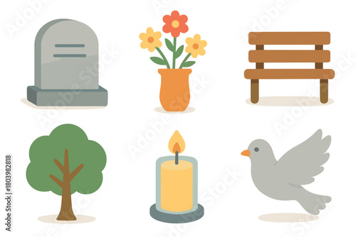 Memorial garden setting with flowers, candle, and bird. Set of 6 vector illustration