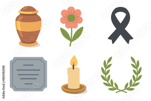 Memorial symbols for honoring loved ones and reflecting on memories. Set of 6 vector illustration