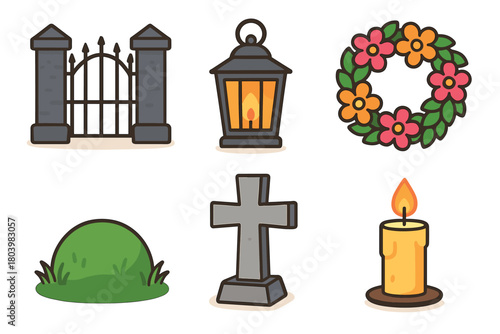 Cemetery elements for memorial tributes including gates and candles. Set of 6 vector illustration