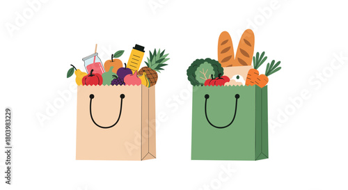 Two paper grocery bags are filled with fresh produce, including fruits, vegetables, and bread, representing a healthy lifestyle and shopping habits.