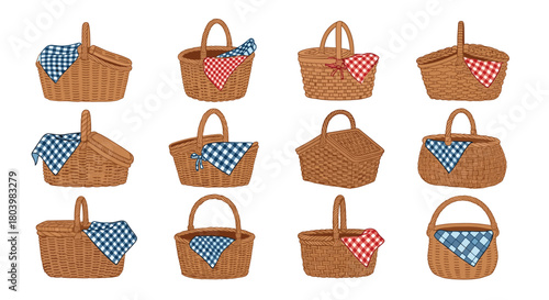 Collection of charming woven picnic baskets with checkered cloth linings in various styles and sizes, perfect for outdoor dining and leisure activities.