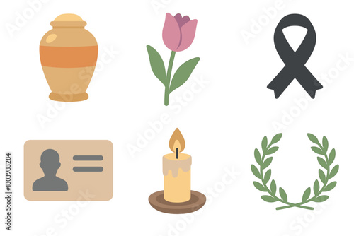 Memorial tribute with urn, flower, candle, and remembrance symbols. Set of 6 vector illustration