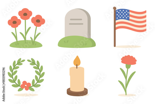 Memorial Day tribute with flowers, flag, and candle decoration. Set of 6 vector illustration
