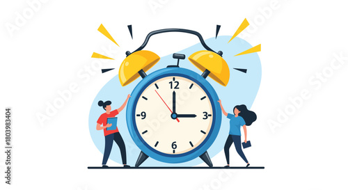 Two people are urgently pushing against a large ringing alarm clock, symbolizing deadlines, time pressure, and the need to manage schedules effectively.