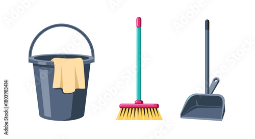 Colorful cleaning supplies including a bucket with cloth, broom, and dustpan arranged for household chores and maintaining a tidy home environment.