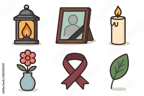 Memorial tribute concept with symbols for remembrance and hope. Set of 6 vector illustration