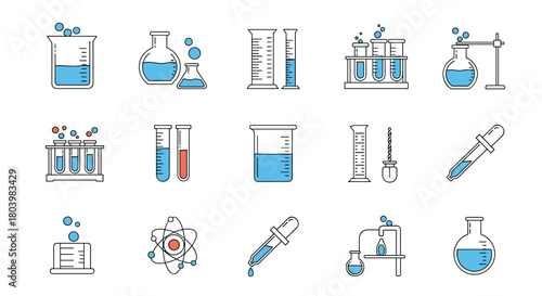 Colorful line art icons depicting various laboratory glassware and scientific equipment used in chemistry and biology experiments, illustrating research and education.
