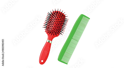 A vibrant illustration depicting a red hairbrush with black bristles and a bright green comb, positioned on a clean white background, showcasing grooming tools.