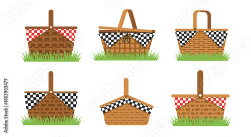 Charming collection of woven picnic baskets with checkered cloth linings resting on lush green grass, perfect for outdoor dining and springtime scenes.