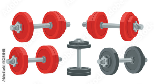 Assorted weightlifting dumbbells and barbell set in a colorful cartoon style, ideal for fitness, exercise, and gym related illustrations.