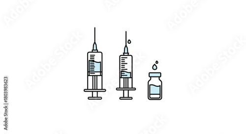 Medical supplies including syringes and a vial of liquid are depicted in a simple, linear illustration, representing healthcare, vaccination, and pharmaceutical concepts.