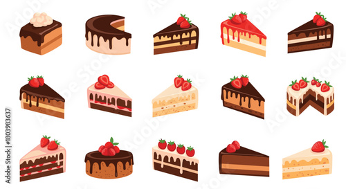 Assortment of delicious layered cakes and slices with chocolate, strawberry, and vanilla frosting, beautifully presented for dessert options.
