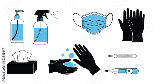 Essential hygiene and safety supplies including hand sanitizer, disinfectant spray, face masks, gloves, tissues, and thermometers for health protection.