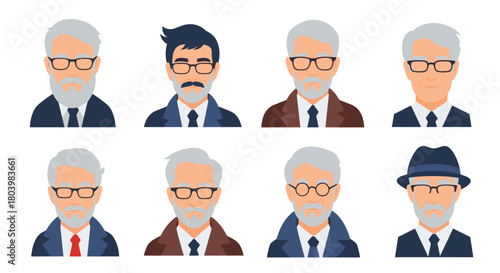 Diverse collection of stylized, flat-design portraits featuring mature men with glasses and beards in various outfits and poses, offering a range of professional and casual looks.