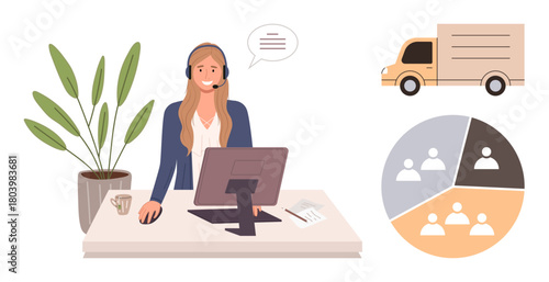 Woman wearing headset working at a desk with a computer, plant, and coffee. Delivery truck and pie chart highlight themes thumbs up remote work, logistics, teamwork, and communication. Ideal
