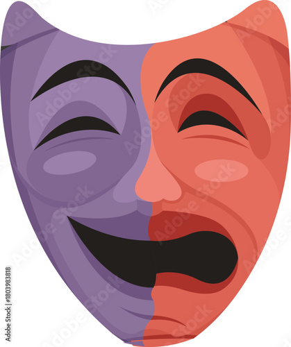 vector illustration of a theatrical mask split in half with one side purple and smiling and the other red and crying