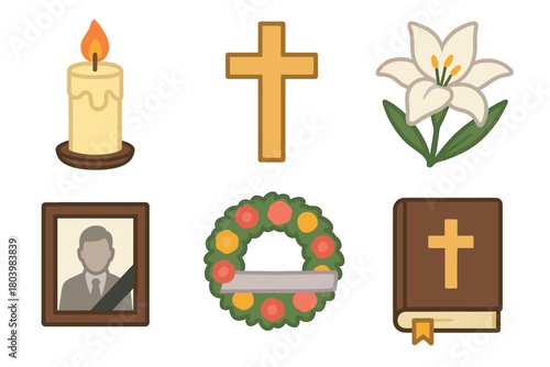 Symbols of remembrance and faith for memorial services and tributes. Set of 6 vector illustration