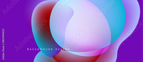 Abstract fluid shapes overlap, creating vibrant purple, red, blue gradients. Modern design suggests movement, energy, visual appeal.