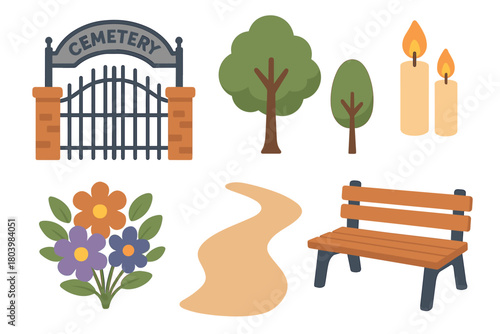 Tranquil cemetery scene with candles and flowers for reflection. Set of 6 vector illustration