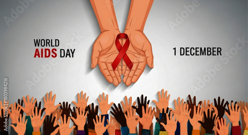World AIDS Day Illustration: Hands Holding Red Ribbon, Supporting Hands Below