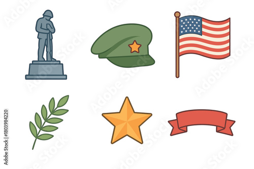 Military tribute with symbols of honor and patriotism displayed. Set of 6 vector illustration