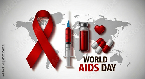 Red Ribbon, Syringe, Pills, and Heart Symbolizing World AIDS Day Awareness