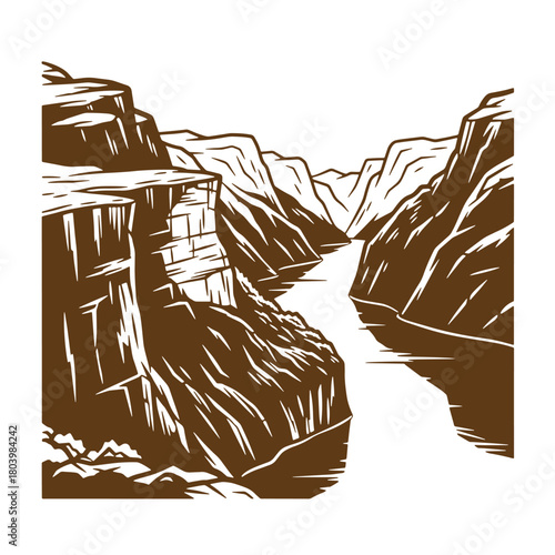 Vector illustration of a beautiful grand canyon landscape in a vintage sketch style