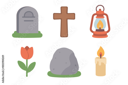Vintage cemetery elements for remembrance and reflection. Set of 6 vector illustration