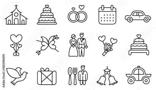 Bridal ceremony symbols including rings, dove, calendar, heart and decorations