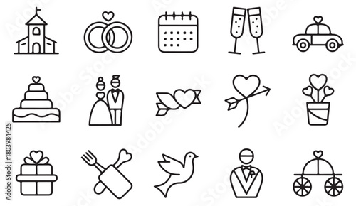 Line icons of love and marriage featuring bouquet, cake, gift and wedding car
