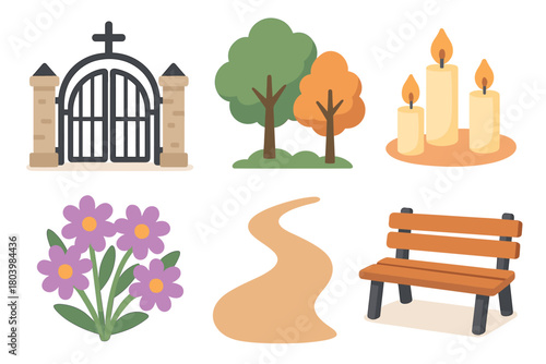 Garden entrance with trees candles flowers and path for outdoor design. Set of 6 vector illustration