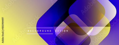 Abstract geometric shapes overlap, creating vibrant color gradients. Yellow, blue, purple hues dominate design. Modern aesthetic.