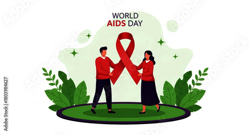 Illustration of a Man and Woman Holding a Large Red AIDS Ribbon