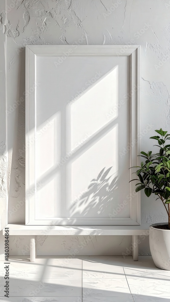 Fototapeta premium Minimalist White Frame Mockup with Sunlight and Plant in a Bright Room.