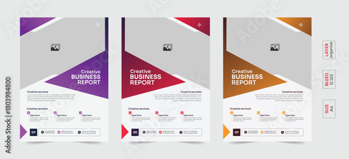 An A4 booklet template, a clean, simple advertisement flyer design with a services and about section, and a flyer cover in three different colors.