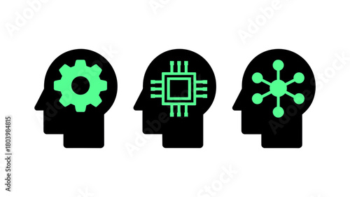 Three black head silhouette icons with green gears, cpu chip, and network symbol inside isolated on