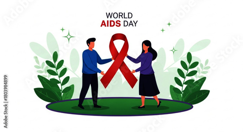 Two People Holding a Large Red Ribbon for World AIDS Day Illustration