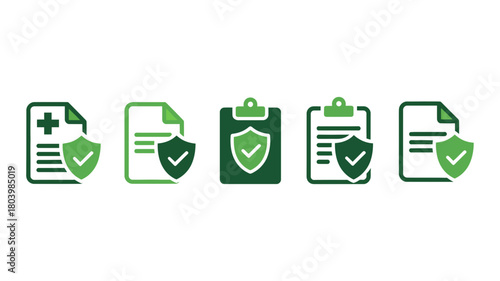 Group of icons representing medical and legal documents with security shields, isolated on