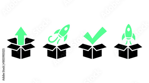 Set of icons showing product launch and success, isolated on