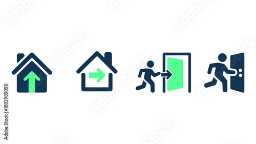 House and person icons showing entry, exit, and movement, isolated on