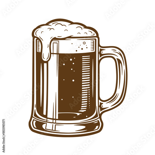 Hand drawn sketch style vintage beer mug with frothy foam and bubbles isolated