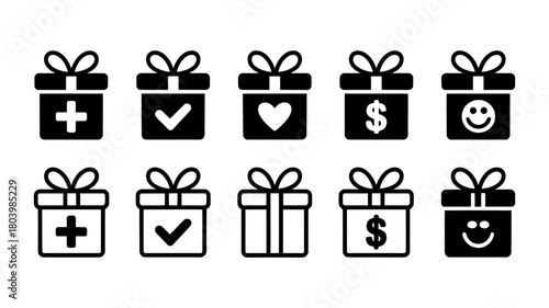 Set of gift box icons with various symbols like plus, checkmark, heart, dollar sign, and smiley face isolated on