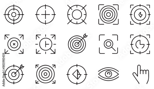 Vector symbols of cursor hand, focus point and directional arrows for precision tools