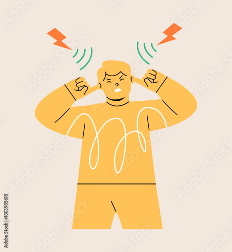 Annoyed boy not listening plugging and covering her ears with fingers from loud noisy sound. Colorful vector illustration