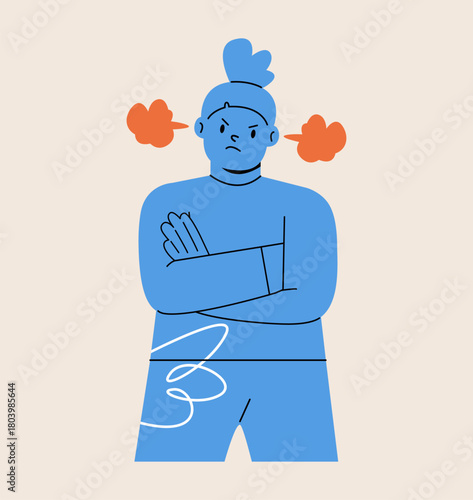 Angry girl standing in a pose, arms crossed. Colorful vector illustration