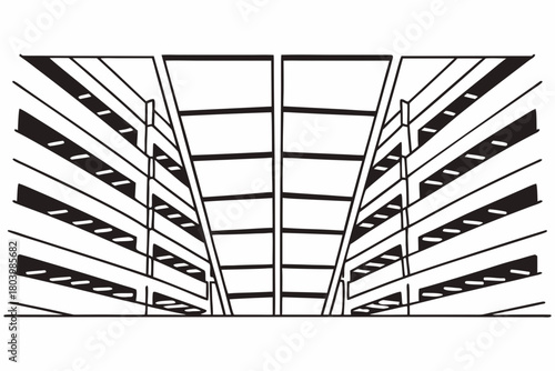 Minimilist a low angle view of a multi level parking garage interior with repetitive linear structures and shadows vector