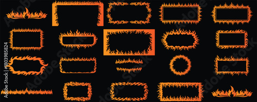 Mega sets of fire frame vector border collection, huge variety burning hot element, dynamic flame graphic template, isolated high impact energy overlay, danger warning, inferno edge