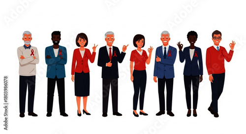 Diverse Group of People Wearing Red Ribbons, Pixelated Style, Showing Support